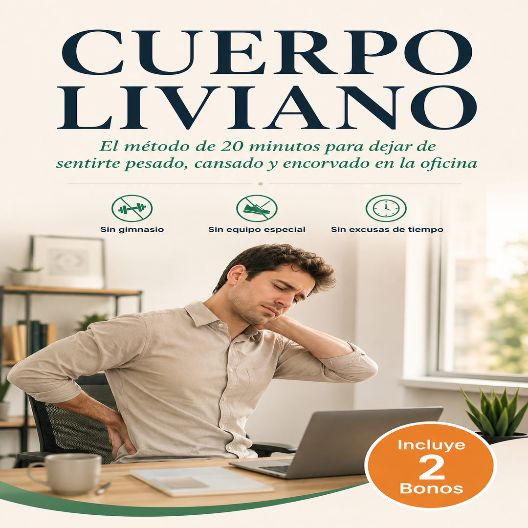 Cuerpo Liviano — El método de 20 minutos para dejar de sentirte pesado, cansado y encorvado en la oficina (incluye 2 BONOS) + 1 BONO ERGONOMÍA DE ESCRITORIO